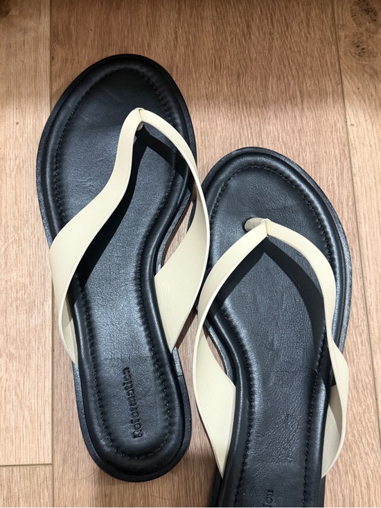 Reformation Shoes - Reformation Black Footbed Sandals with Cream Straps